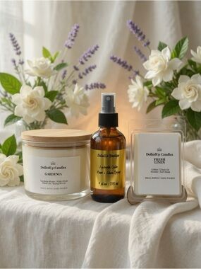 Calm Linen Bloom Sanctuary Set | Gardenia Candle + Lavender Spray + Linen Melts